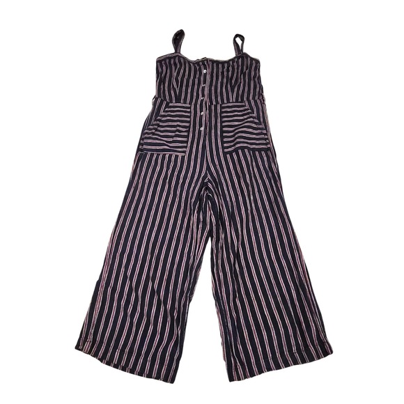 Dex Pants - Dex Striped Linen Blend Wide Leg Jumpsuit Blue Red Button Front Medium